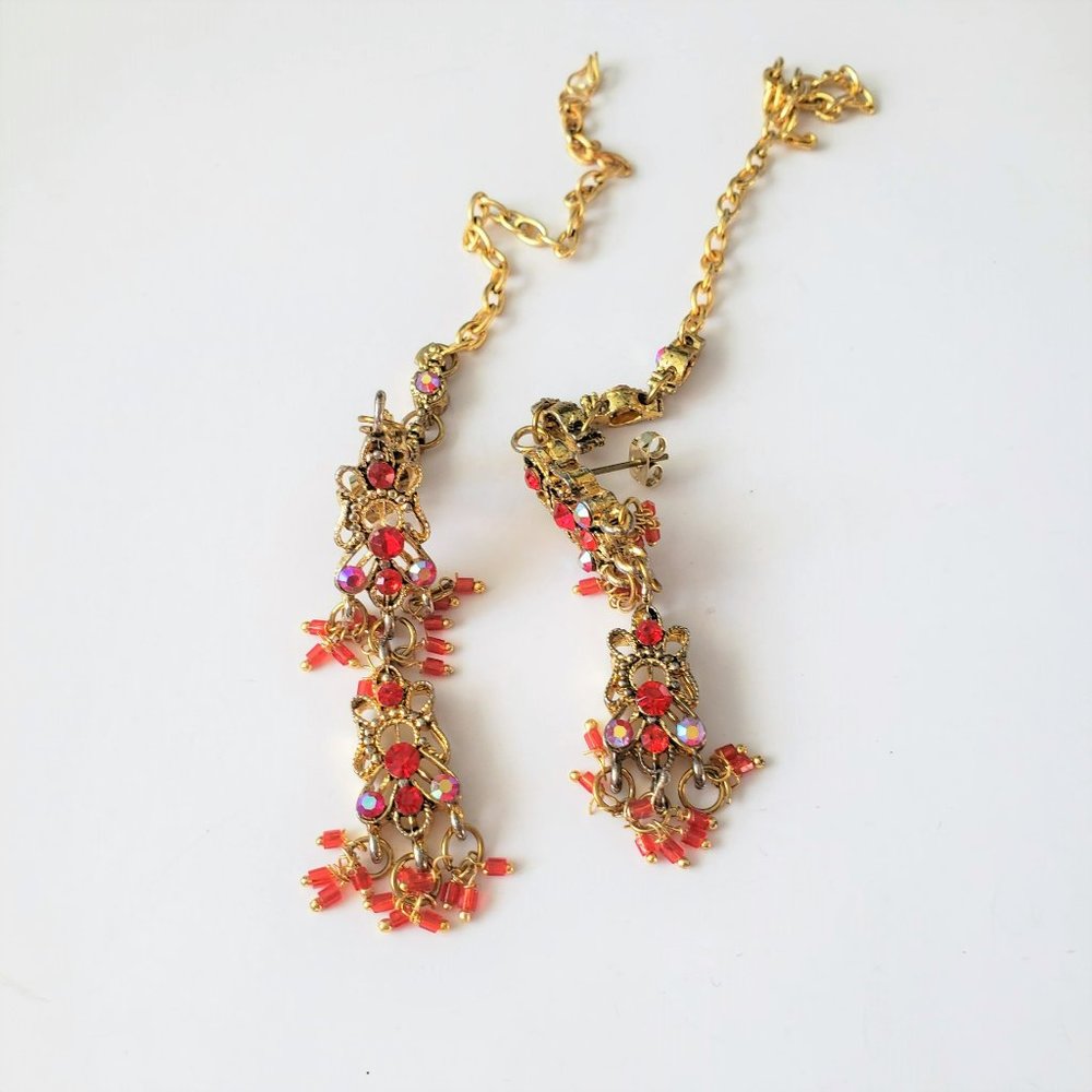 VTG Unique Gold Tone Red Crystal/ Beads Eyeglass/ Earrings
